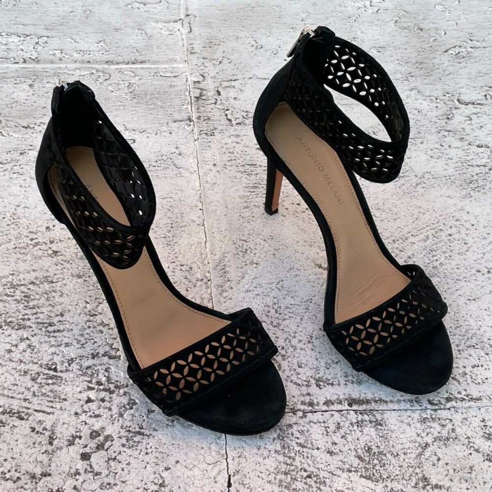 Antonio Melani Women Heel Sandal Sandal Black Leather Shoes Size 9.5M